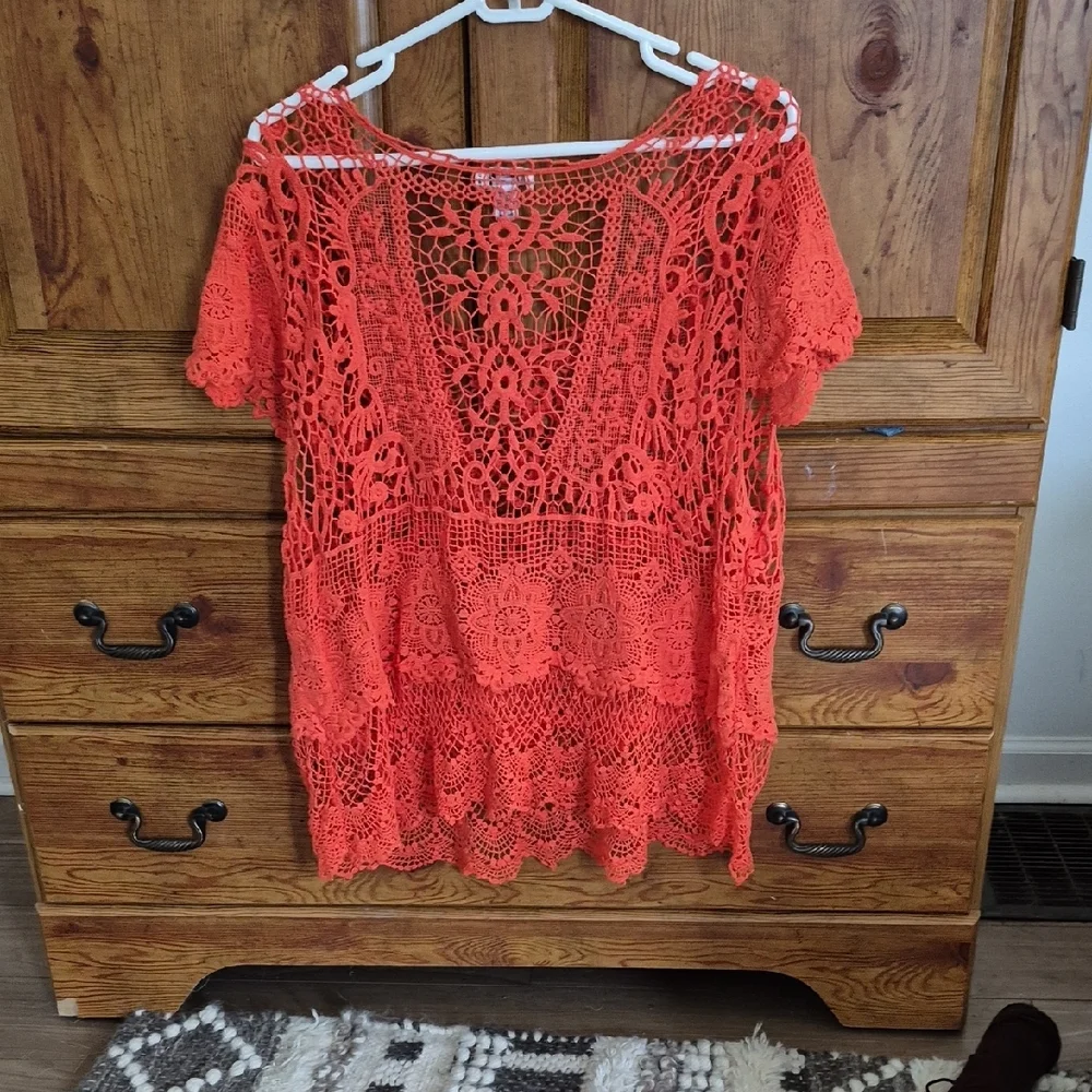 Cato Orange Lacy Beach Cruise Swim Coverup Top 18/20W